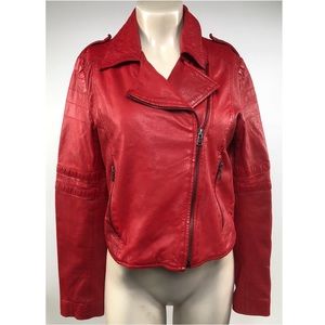 Zara Red Leather Biker Jacket Size L